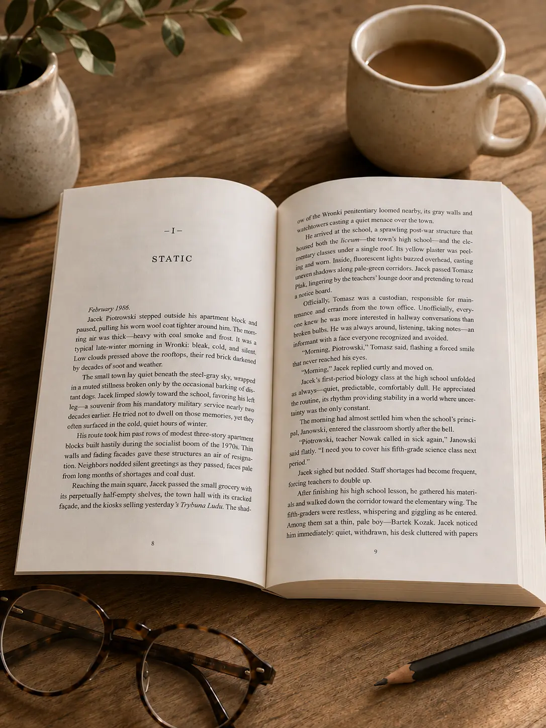 An open novel showing a professionally typeset interior